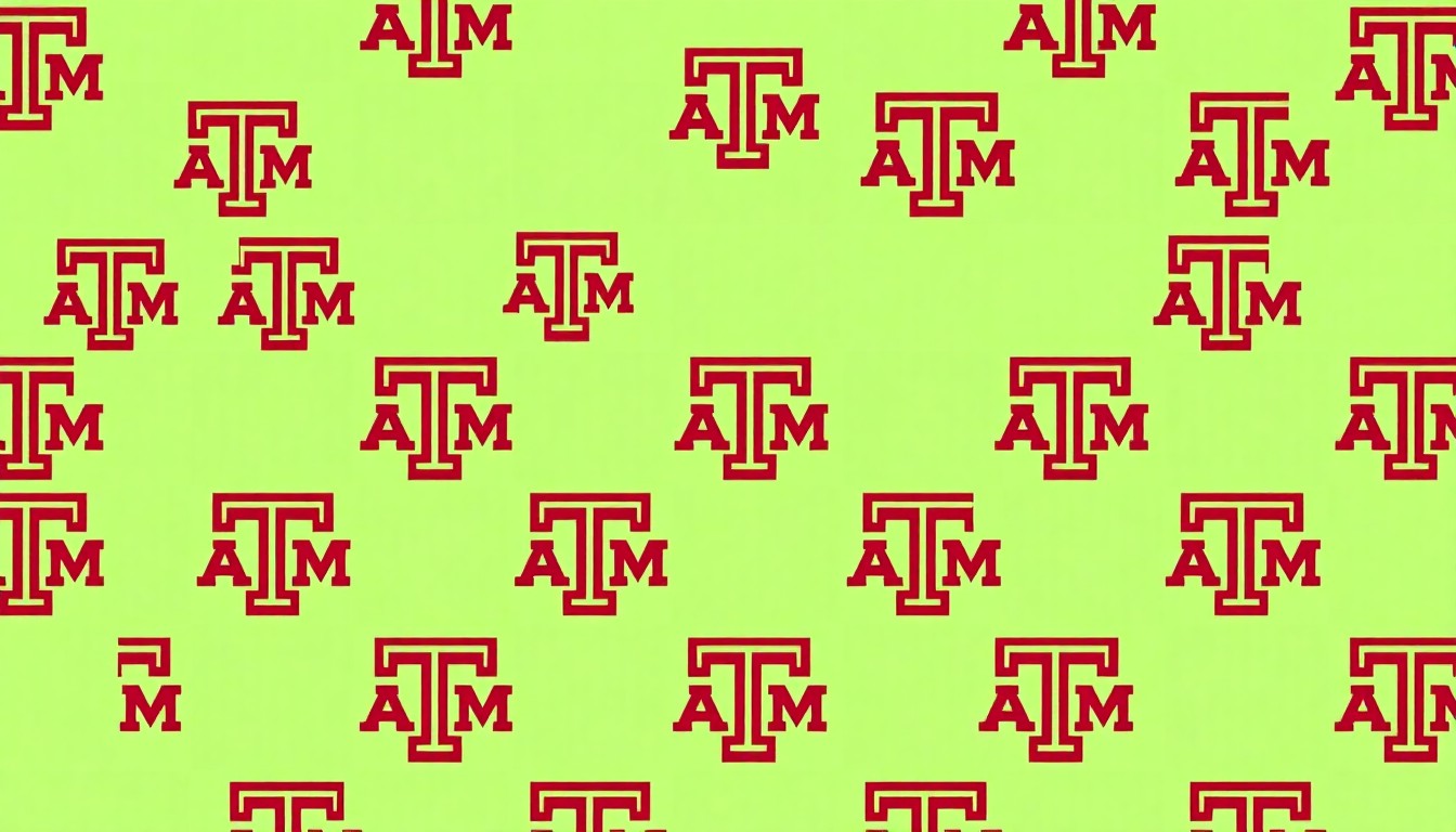 A brightly colored, high-contrast silkscreen print of the Texas A&M University logo repeated in a tight grid pattern, utilizing flat, vibrant, and unnatural neon color palettes overlapping with heavy black photographic outlines to turn the iconic symbol into modern pop art.