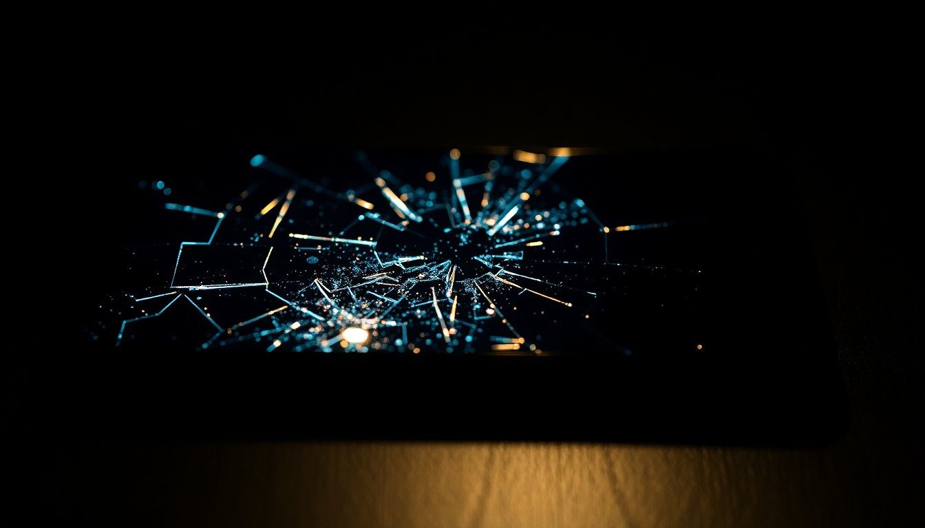 An extreme close-up of a shattered smartphone screen, the jagged glass fragments reflecting dramatic studio lighting to create a glitzy, high-fashion aesthetic that conceptually represents the addictive nature of screen technology.