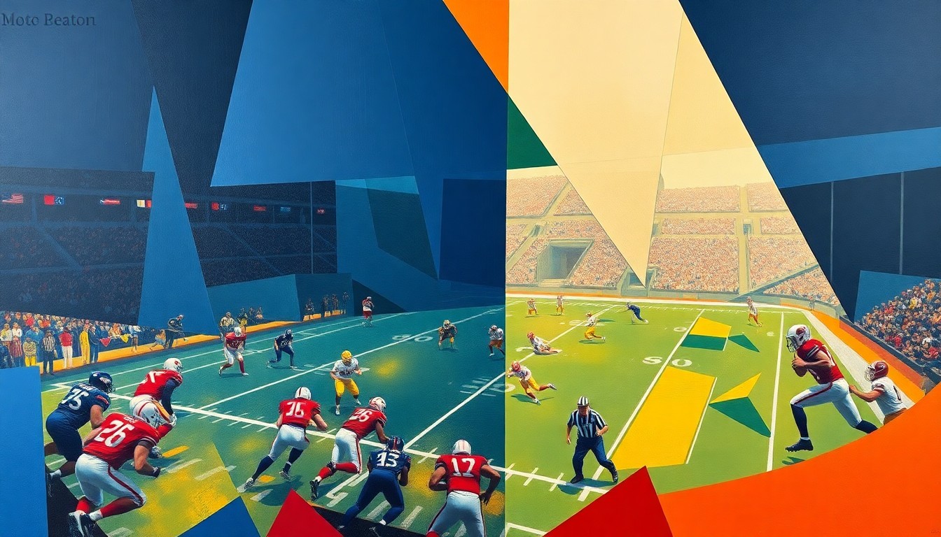 A fragmented, geometric painting in bold blues, reds, and golds, depicting an abstracted football game with players and field elements broken down into sharp, overlapping shapes, conveying the dynamic action of the overtime matchup.