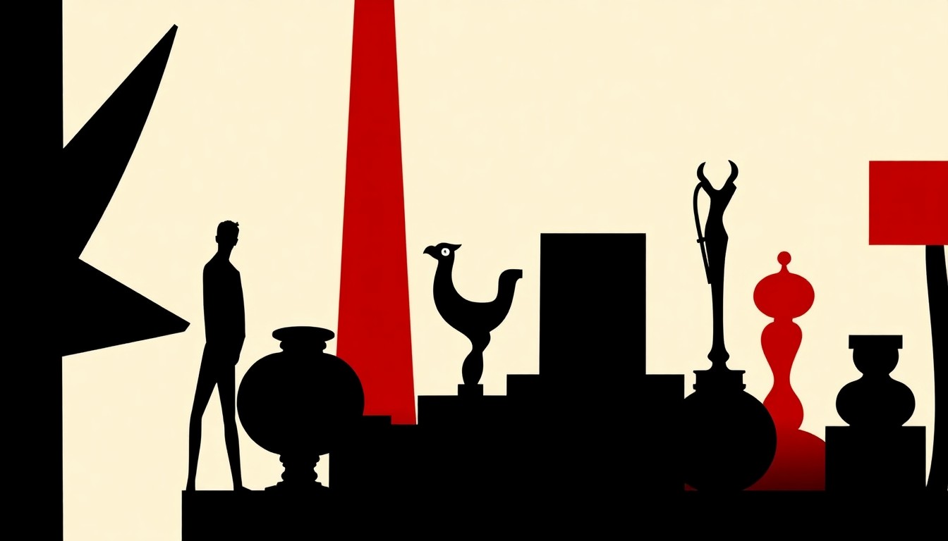 An abstract, minimalist composition featuring bold, jagged geometric shapes in high-contrast colors, conceptually representing the diverse array of artworks and collectibles in the upcoming Antiques & Modern auction.