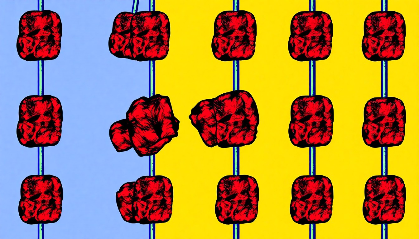 A high-contrast, silkscreen-style illustration featuring a grid of brightly colored, neon-hued grilled steak kabob skewers, conceptually representing the joyful energy and bold flavors of seasonal outdoor cooking.