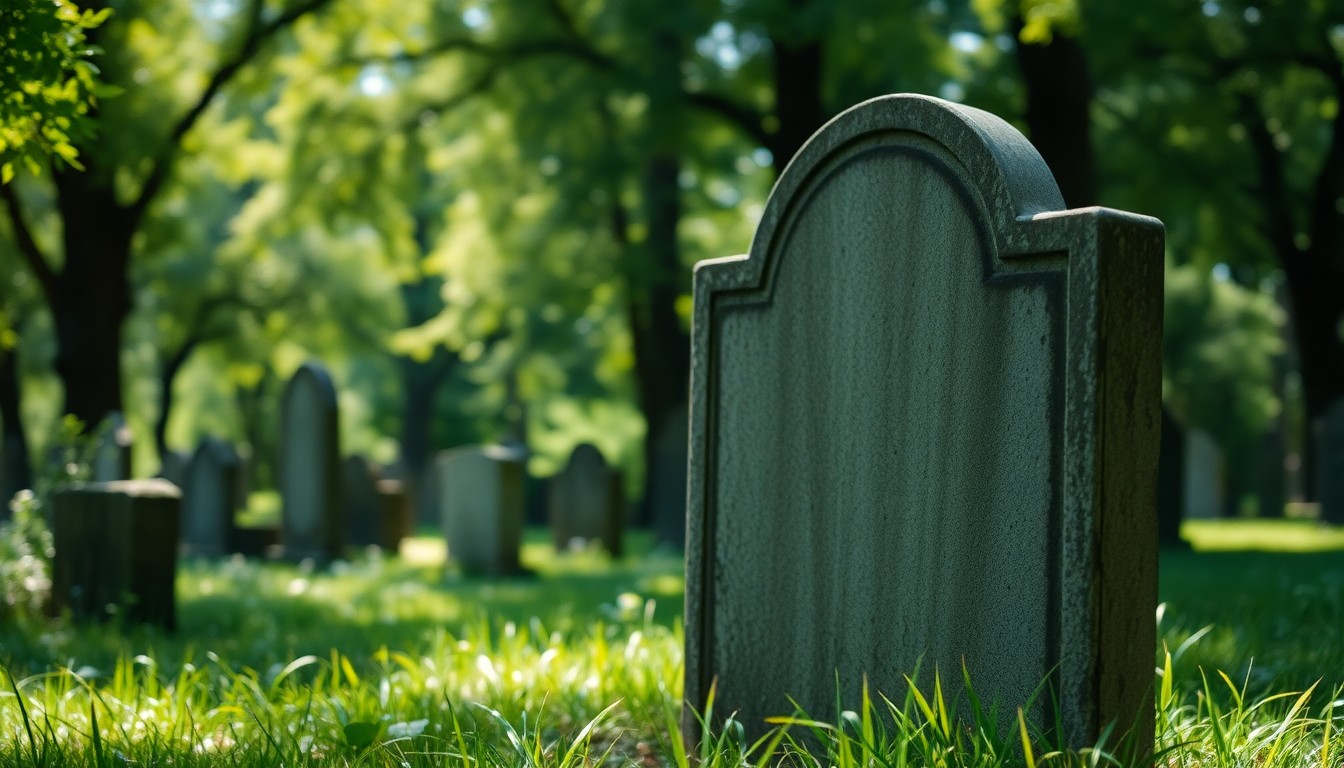 An extremely blurred, impressionistic photograph of an old, weathered headstone in a lush, green cemetery, with soft, warm light filtering through the trees, conveying a sense of reverence and the passage of time.