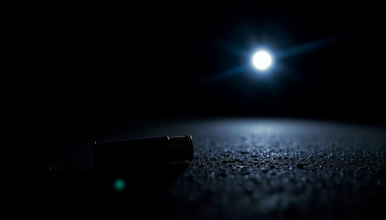 An extreme close-up photograph of a single spent shell casing on the ground, lit by a harsh camera flash against a pitch-black background, conceptually representing the physical evidence of a recent downtown shooting incident.
