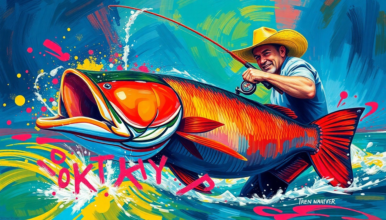 An extreme close-up of a fisherman's hands reeling in a massive freshwater drum, with vibrant neon brushstrokes capturing the raw energy and movement of the catch.