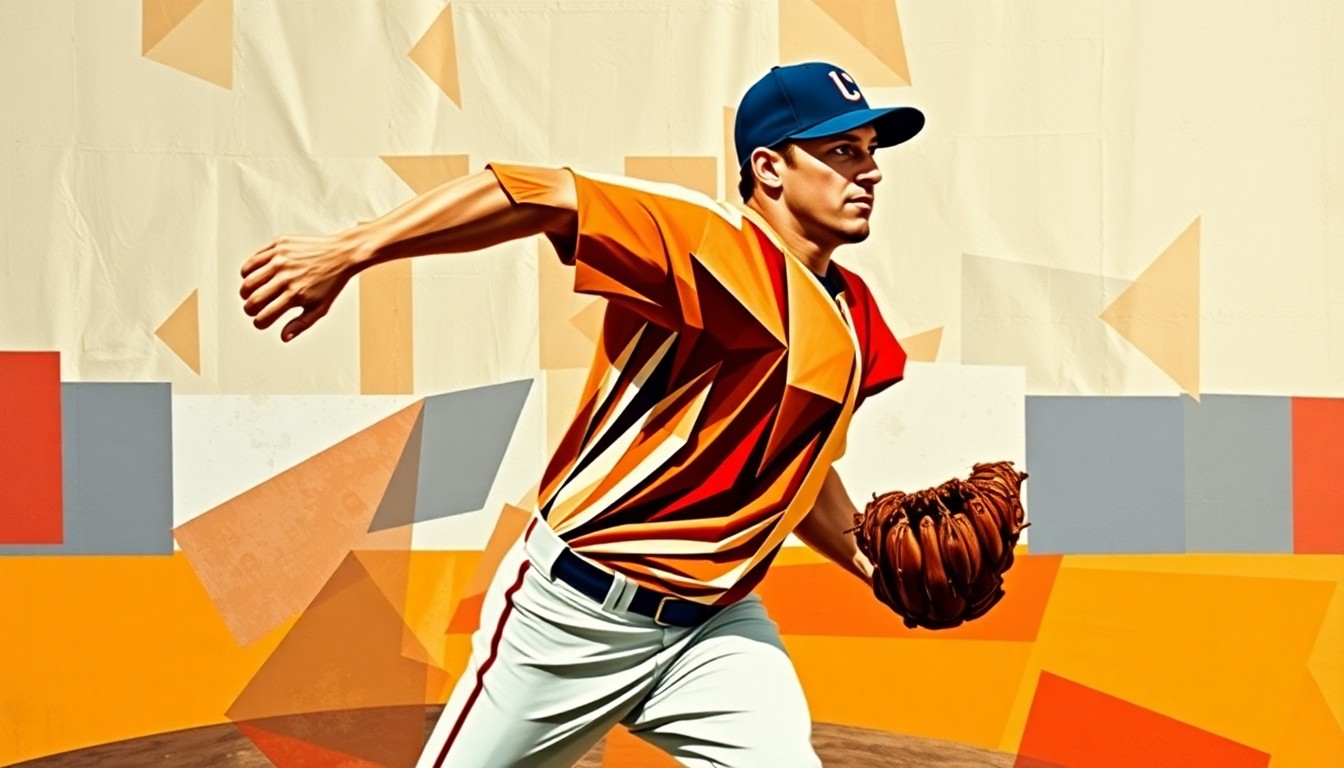 A cubist-style painting depicting a baseball pitcher's motion broken down into overlapping geometric shapes and planes, conveying the complexities and uncertainties surrounding the Braves' pitching rotation.