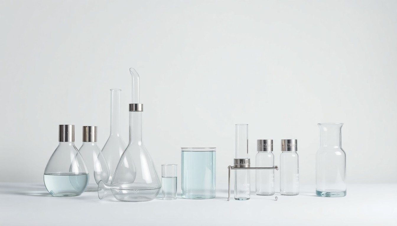 A photorealistic studio still life featuring an arrangement of polished metal and glass laboratory equipment, symbolizing the scientific precision and technical expertise behind the merged company's fertilizer solutions.