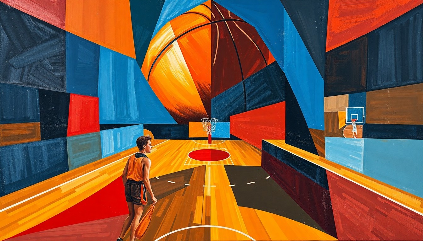 A cubist-style painting featuring sharp, overlapping geometric shapes in shades of blue, red, and brown, conceptually representing the multifaceted debate around the NBA's 65-game rule for award eligibility.
