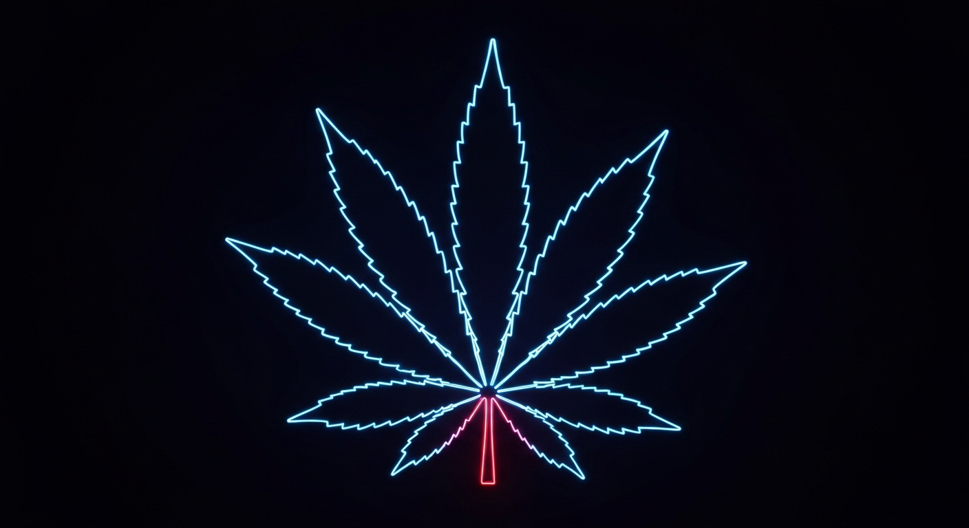 A glowing neon outline of a medical cannabis leaf, floating against a dark background and defined entirely by vibrant, electric lines, conceptually representing the energy and accessibility of medical marijuana in Kentucky.