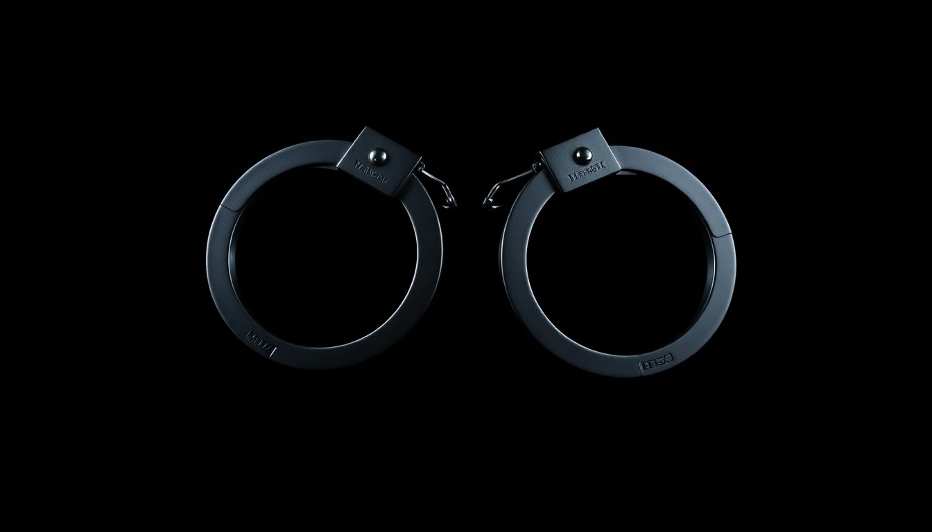 An extreme close-up photograph of a pair of handcuffs against a stark, black background, creating a gritty, investigative aesthetic.