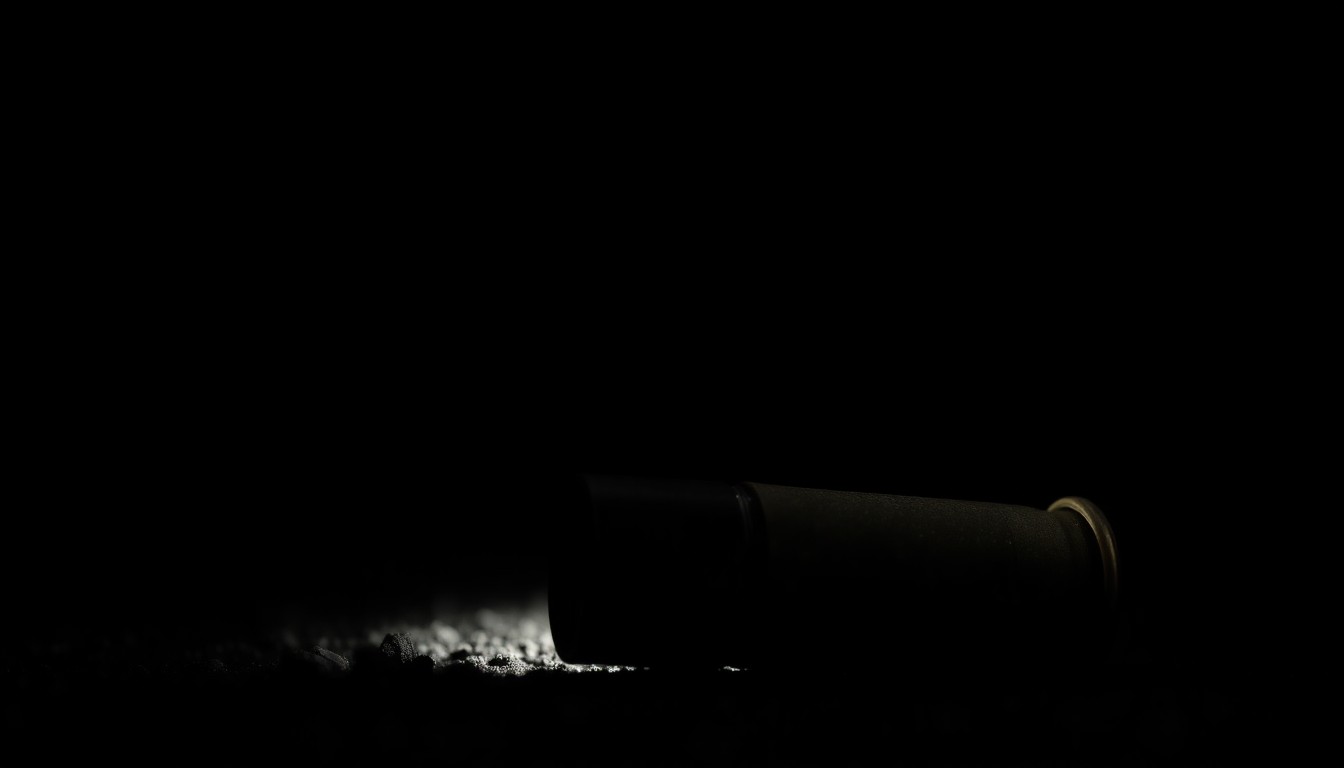 An extreme close-up photograph of a metallic shell casing on a dark surface, capturing the gritty, investigative aesthetic of the Weegee photographic style.
