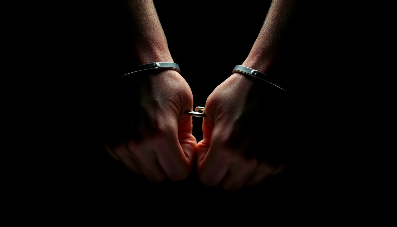 An extreme close-up of handcuffed hands against a dark background, conveying the serious nature of a school threat investigation through stark, dramatic lighting.