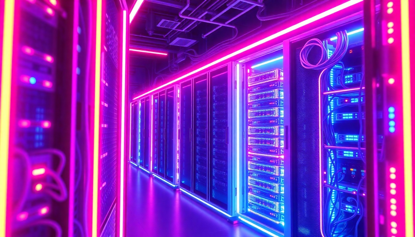 A glowing, neon-lit 3D illustration of a futuristic data center server rack, surrounded by a grid of pulsing, illuminated cables and circuits, conceptually representing the high-tech, energy-intensive nature of modern data infrastructure.
