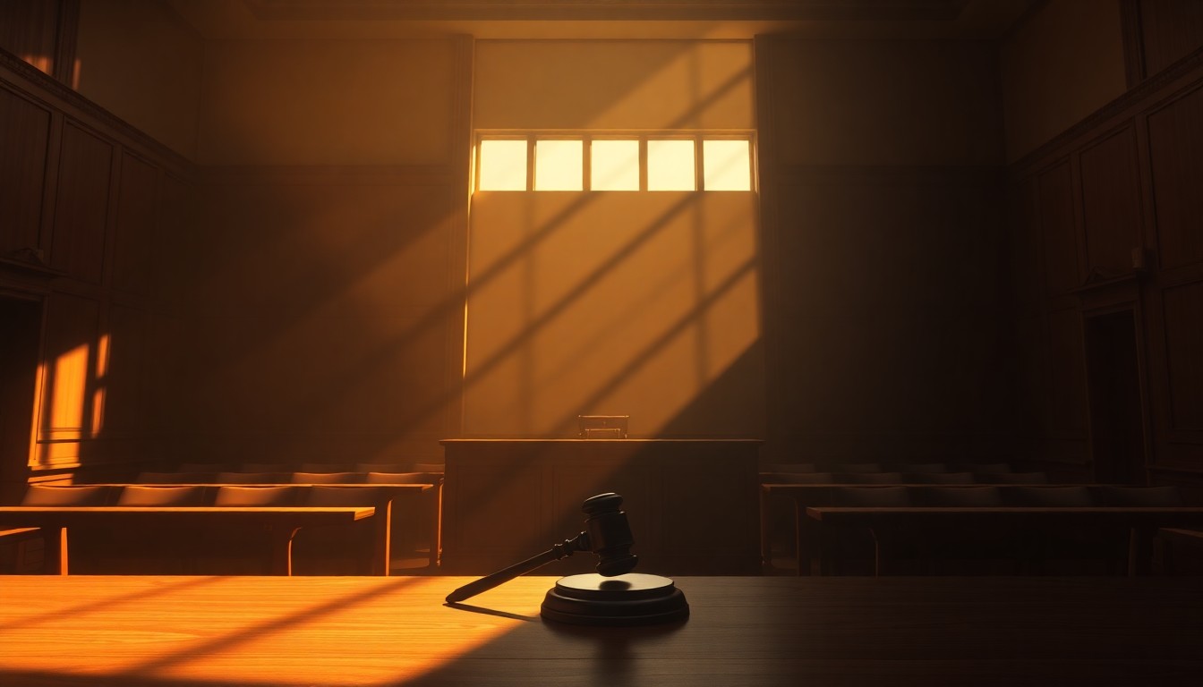 A dimly lit, cinematic courtroom scene with a lone judge's gavel resting on the bench, conveying a sense of solemnity and the gravity of judicial decision-making.