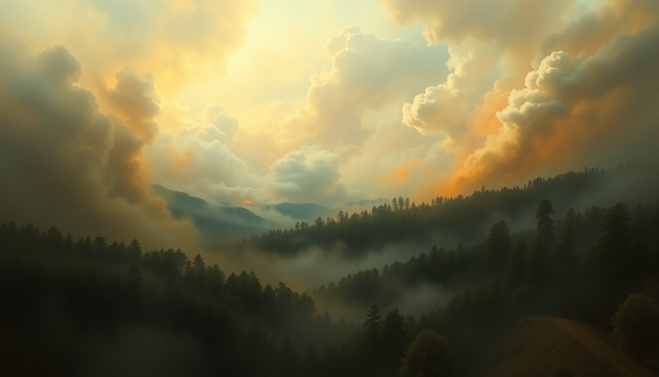 A sweeping, atmospheric landscape painting in muted tones of gray, blue, and orange, depicting a vast, hazy forest scene with the distant glow of a wildfire on the horizon, conveying the overwhelming power of nature.