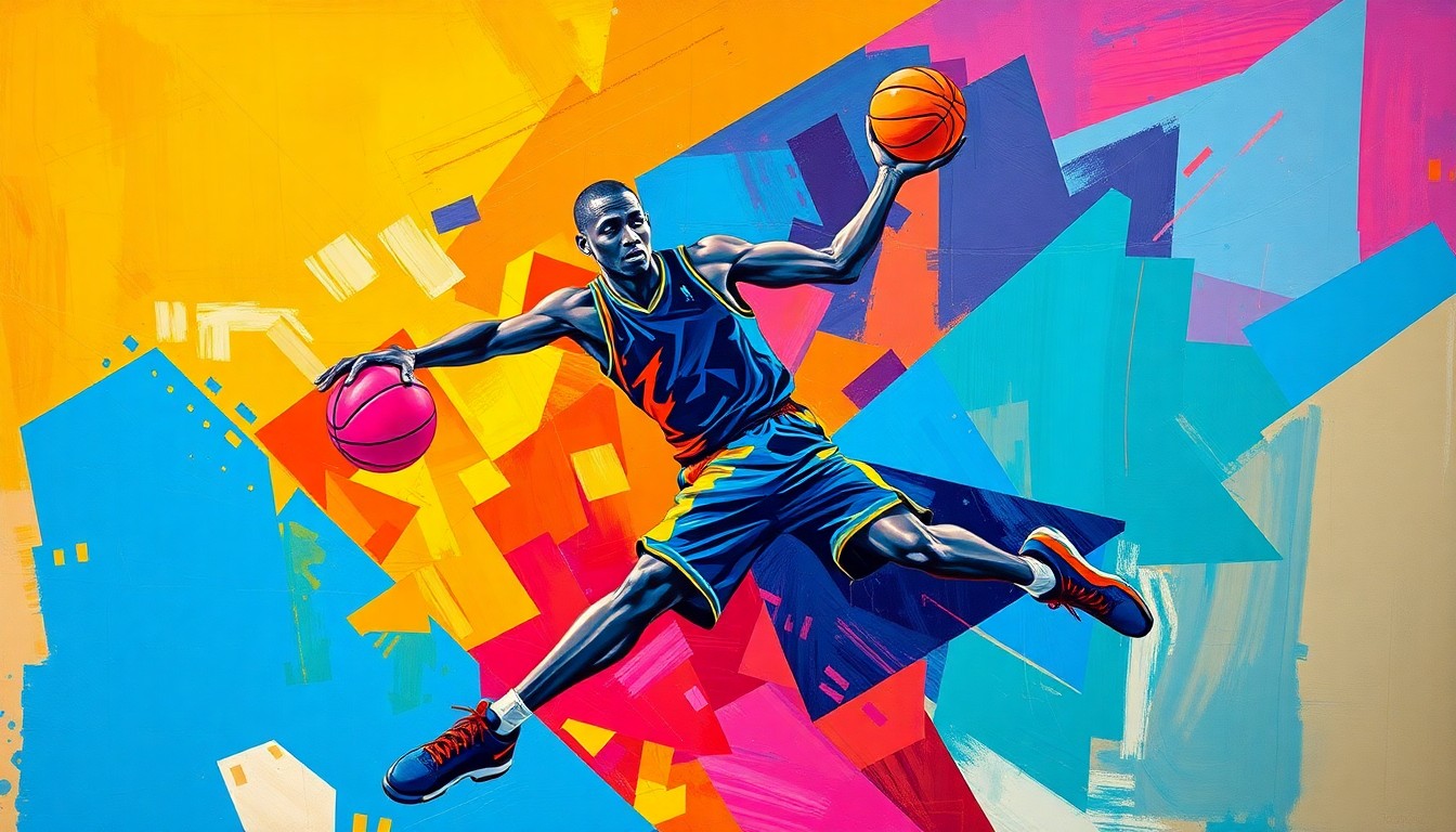 A cubist-style painting depicting a basketball player's movements broken down into sharp, overlapping geometric shapes in vibrant colors, conceptually representing the uncertainty surrounding Luka Doncic's injury and its impact on the Mavericks' season.
