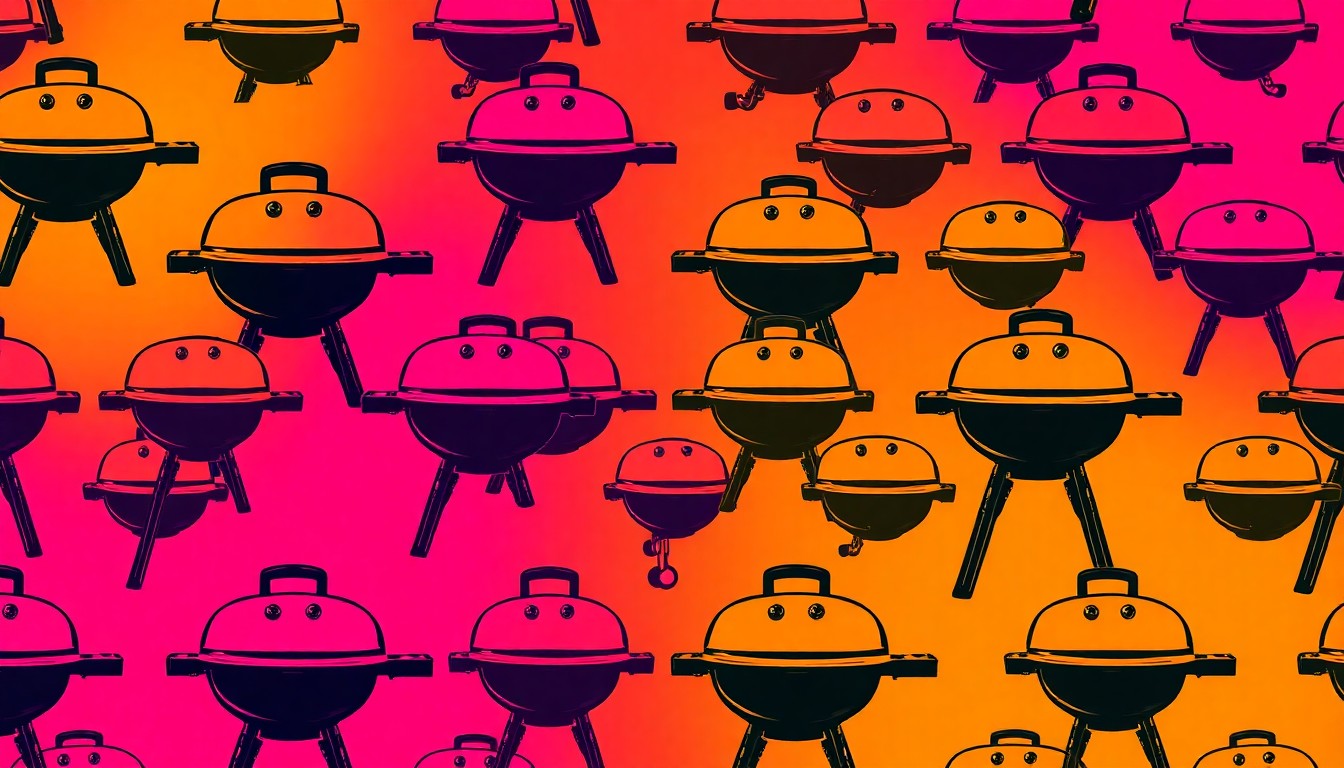 A bold, colorful silkscreen-style illustration featuring a repeated image of a BBQ grill, conceptually representing the energy and community spirit of the Syndicate Smokedown festival.