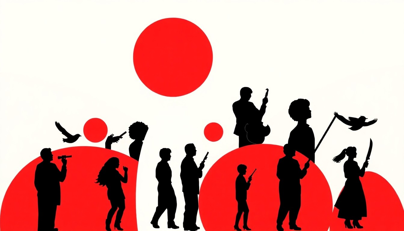 A striking abstract illustration featuring bold black shapes and geometric forms in contrasting red and white, conceptually representing the diverse programming and creative energy of the Prairie Arts Center.