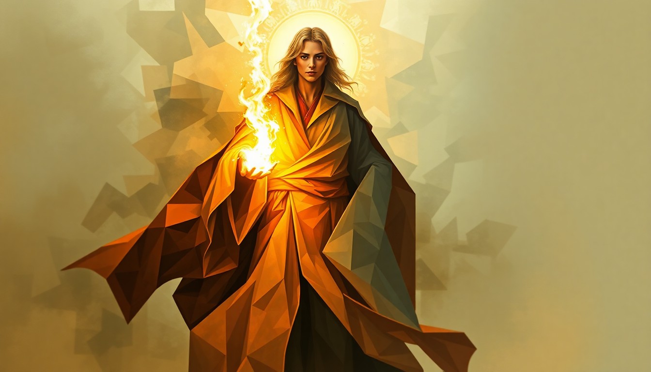 A fractured, overlapping geometric painting of a figure in flowing robes, with a glowing aura and a fireball emanating from their hand, conceptually representing the controversy surrounding the president's social media post.
