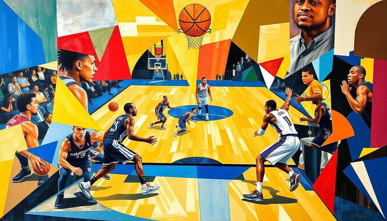 A cubist, geometric painting depicting an abstract basketball game, with the players' forms broken down into overlapping angular shapes in a vibrant color palette, capturing the intensity of the high-stakes matchup between the Golden State Warriors and Los Angeles Clippers.