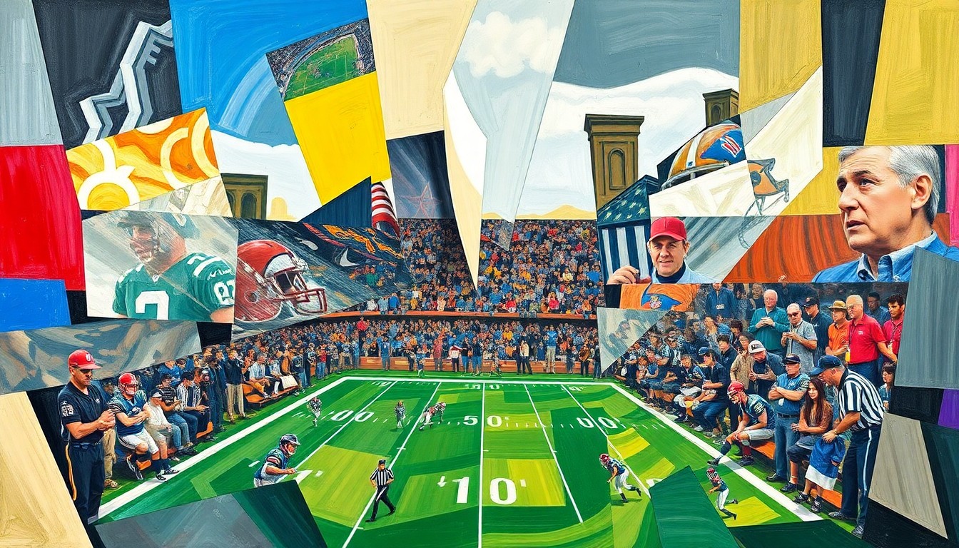 A fragmented, geometric painting featuring overlapping planes of color and shape, conceptually representing the intricate relationships and competing interests at play in the world of professional football.