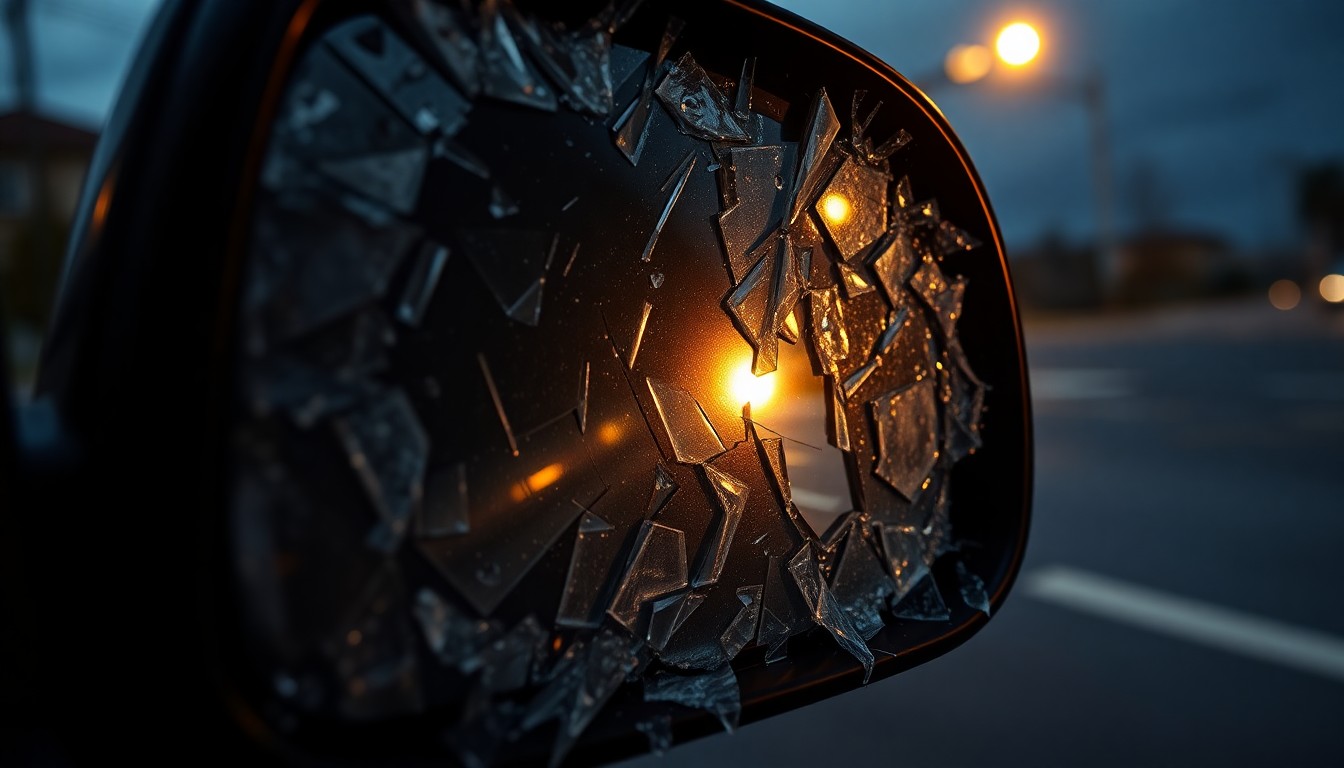 An extreme close-up photograph of a shattered car side mirror reflecting a dim streetlight, conceptually representing the aftermath of a hit-and-run incident.