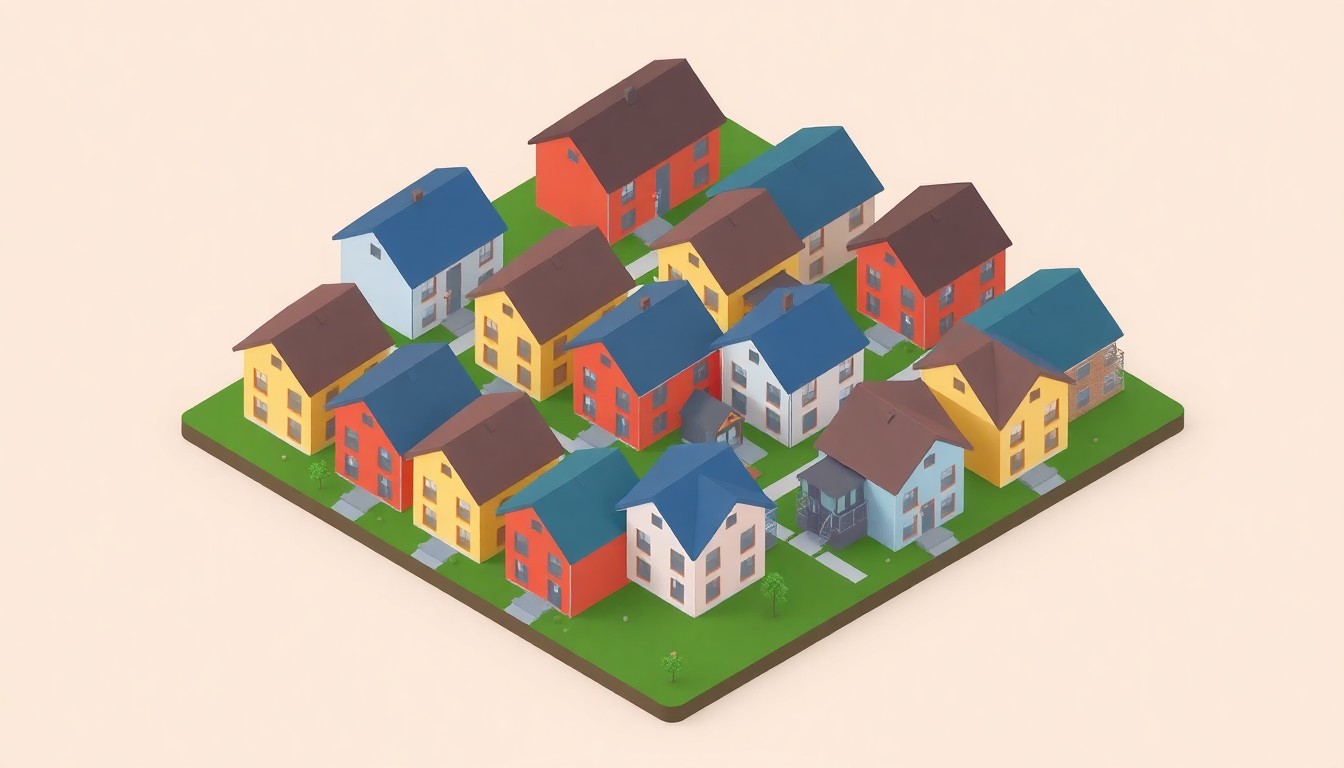A miniature, stylized 3D digital illustration showing a cluster of modern, colorful homes arranged in an orderly grid, representing an affordable housing development.