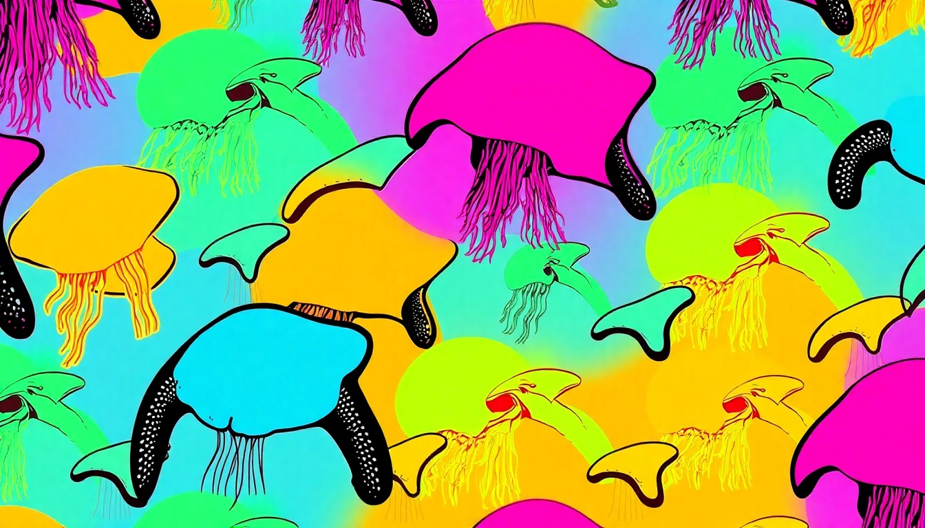 A brightly colored, high-contrast silkscreen print of a single, iconic aquarium object such as a jellyfish, sea turtle, or shark fin repeated in a tight grid pattern, conceptually representing the Florida Aquarium's nomination for a national top 10 list.