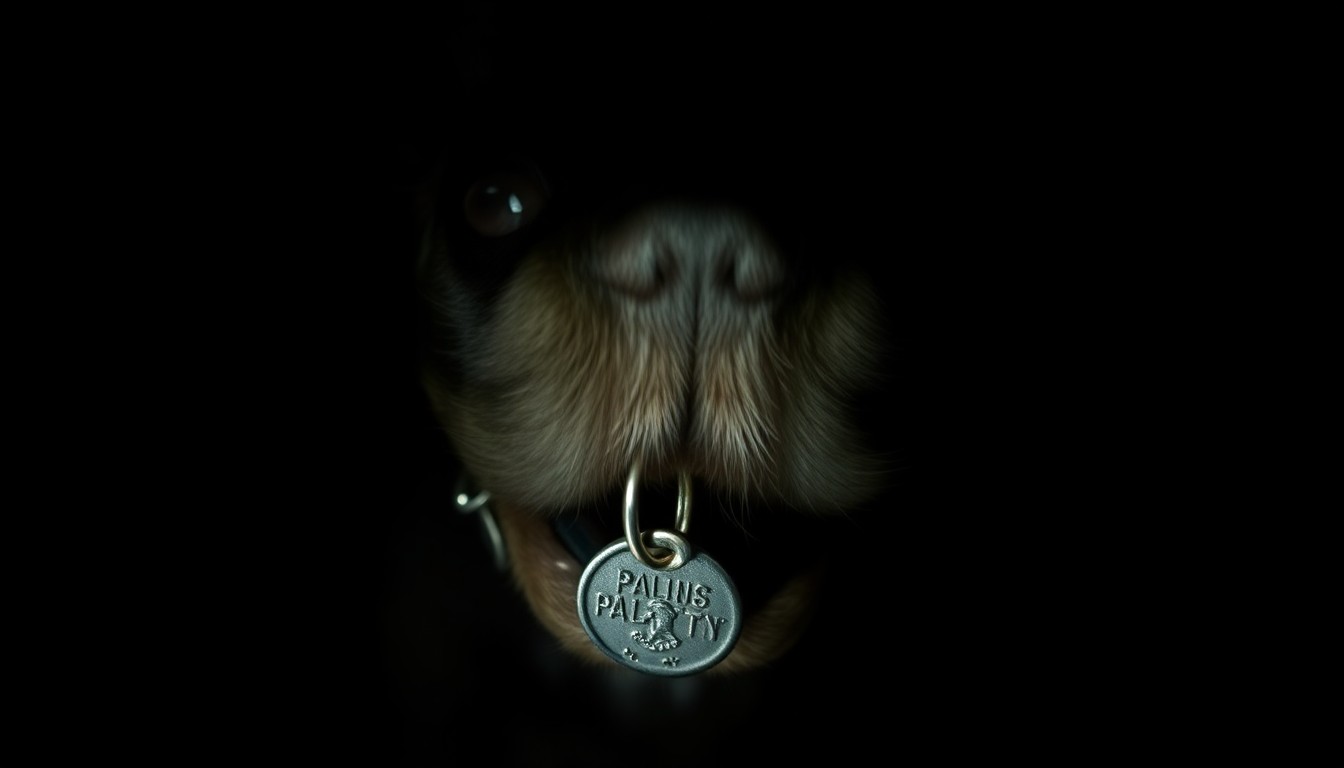 An extreme close-up photograph of a puppy's collar, the metal tag reflecting the harsh flash of the camera against a pitch-black background, creating a stark, gritty, investigative aesthetic that conceptually represents the abandonment of a defenseless animal.