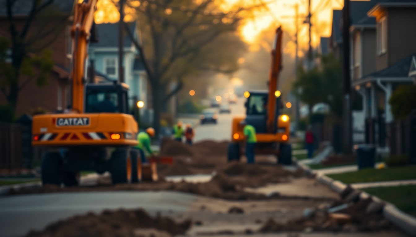 An extremely abstracted, out-of-focus photograph of construction equipment and workers on a residential street, with soft pools of warm color and light creating a hazy, atmospheric mood that conceptually represents the challenges and importance of Cicero's lead line replacement initiative.