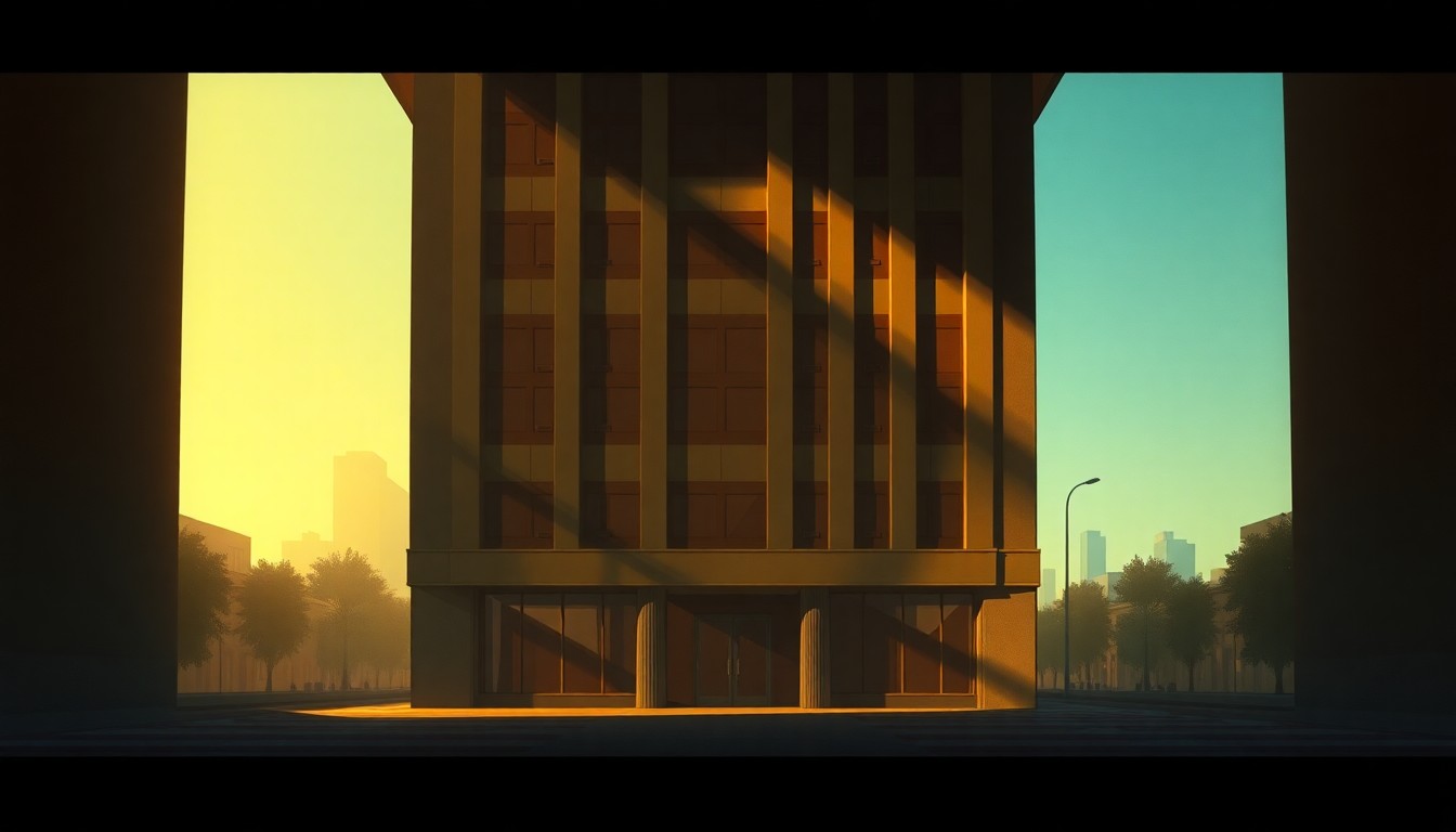 A photorealistic painting of a tall, glass-fronted office building in a downtown setting, with the facade partially obscured by deep shadows and warm, golden sunlight streaming in at an angle, creating a sense of quiet contemplation and uncertainty.