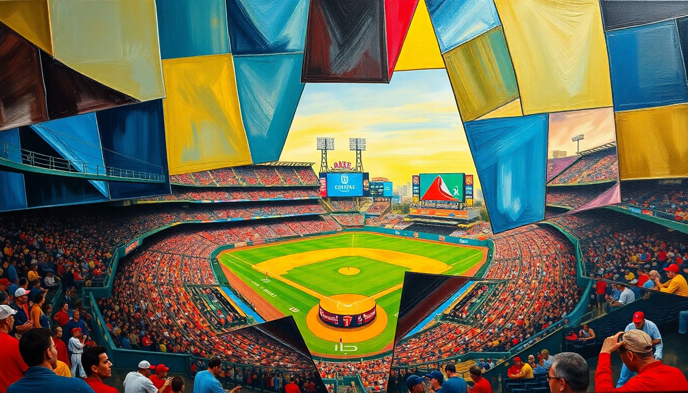 A cubist, geometric painting depicting the fragmented shapes and angles of a baseball stadium and game, rendered in bold, vibrant colors that capture the energy and tension surrounding the stadium funding proposal.
