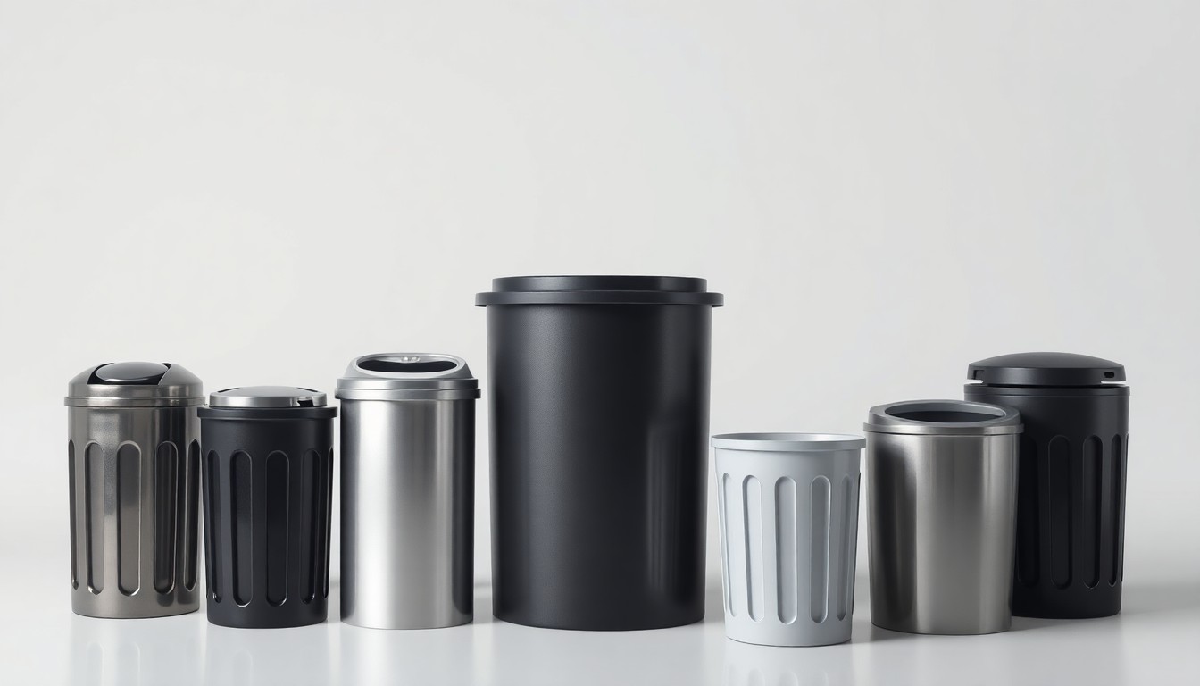A high-end, photorealistic studio still-life photograph featuring a collection of sleek, modern trash cans and recycling bins in shades of silver, black, and white, arranged elegantly on a clean, monochromatic seamless background, conceptually representing the importance of efficient, reliable waste management in an urban setting.