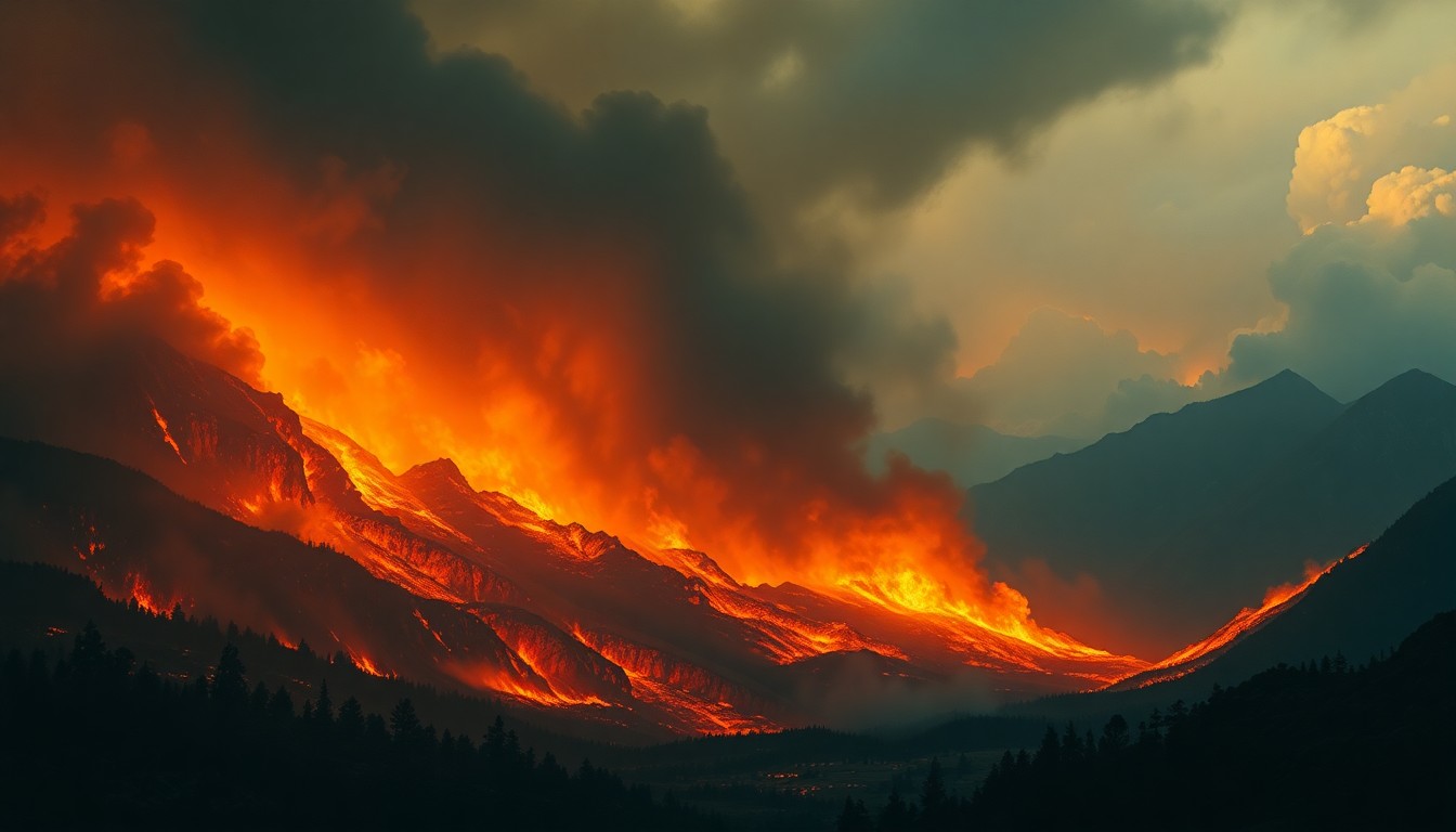 A sweeping, atmospheric landscape painting depicting a massive wildfire consuming a residential area, with the flames and smoke dwarfing any visible structures or objects.