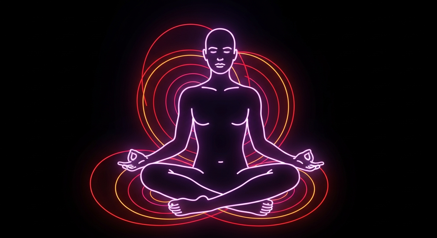 A glowing neon outline of a person in a meditative pose, surrounded by swirling neon lines representing energy flow, conceptually illustrating the holistic health focus of the Topeka expo.