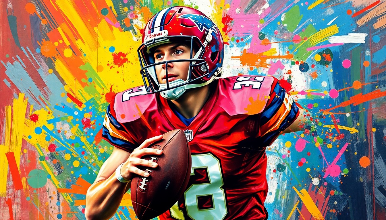 An abstract, neon-colored painting featuring rapid brushstrokes and dissolving forms that convey the dynamic movement and energy of a college football player in action.