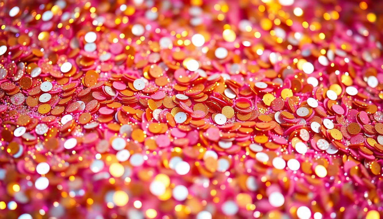 An extreme close-up photograph of shimmering sequins in a variety of metallic hues, capturing the luxurious, high-fashion aesthetic associated with Coachella's style.