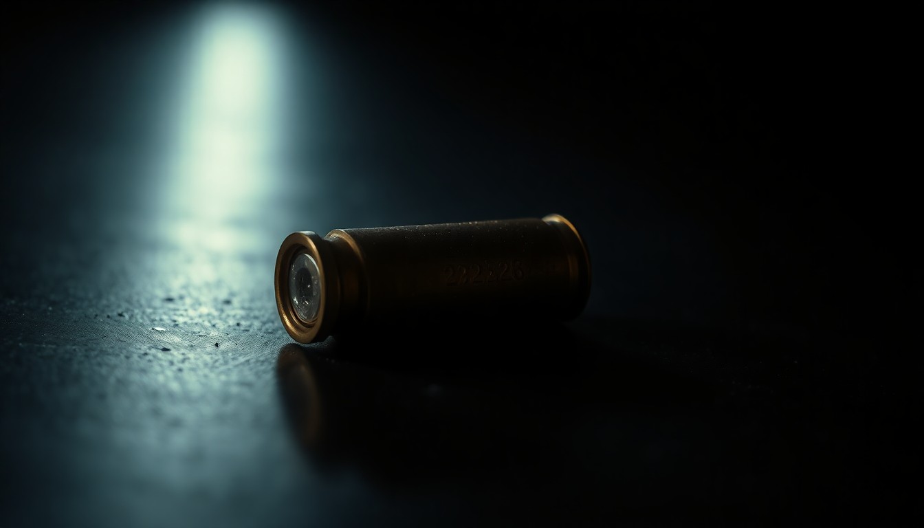 An extreme close-up photograph of a single .223-caliber shell casing lying on a dark surface, lit by a harsh, direct camera flash, conceptually illustrating the evidence gathered from a mental health-related shooting incident.