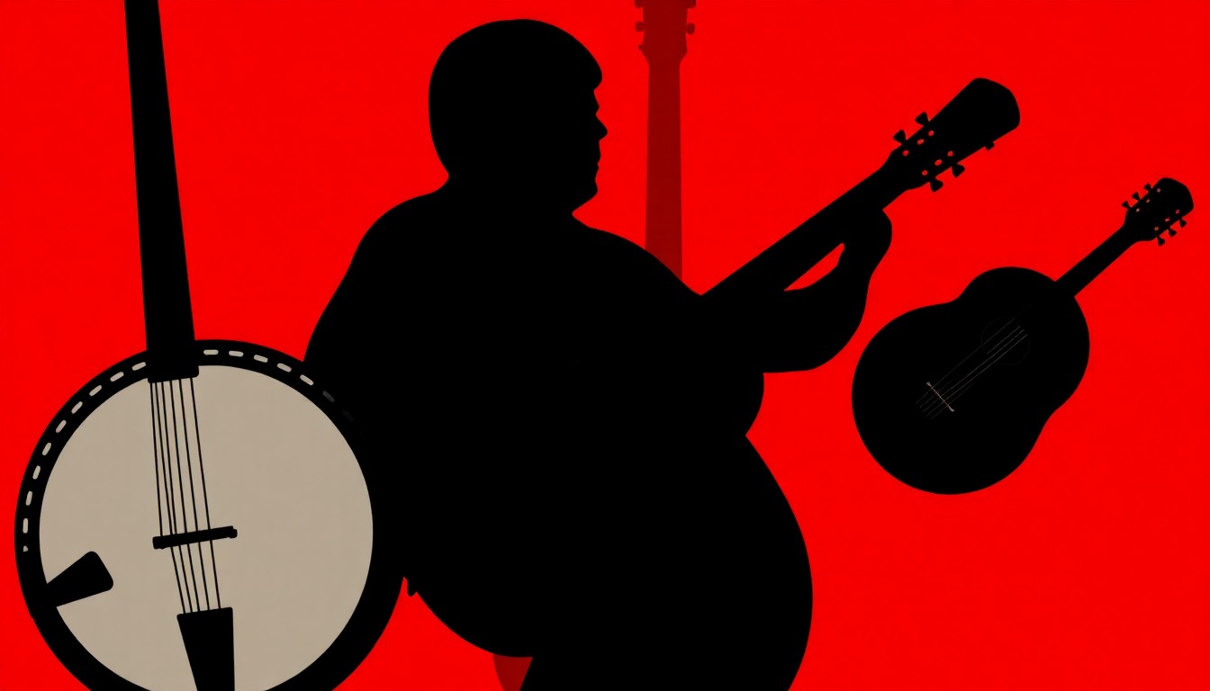 A striking abstract composition of black silhouettes of bluegrass instruments like a banjo, guitar, and mandolin, set against a bold red background, conceptually representing the bluesy, heartbreak sound of the new single from Brad Kaylor & Mineral Bluff Revue.