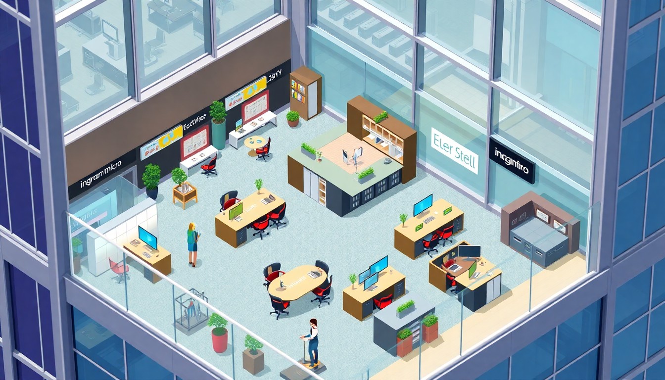 A miniature, stylized 3D digital illustration depicting a modern, vibrant office environment inside Genesee Tower, with colorful workspaces, a fitness center, and bustling activity, conceptually representing Ingram Micro's new collaborative workspace in downtown Buffalo.