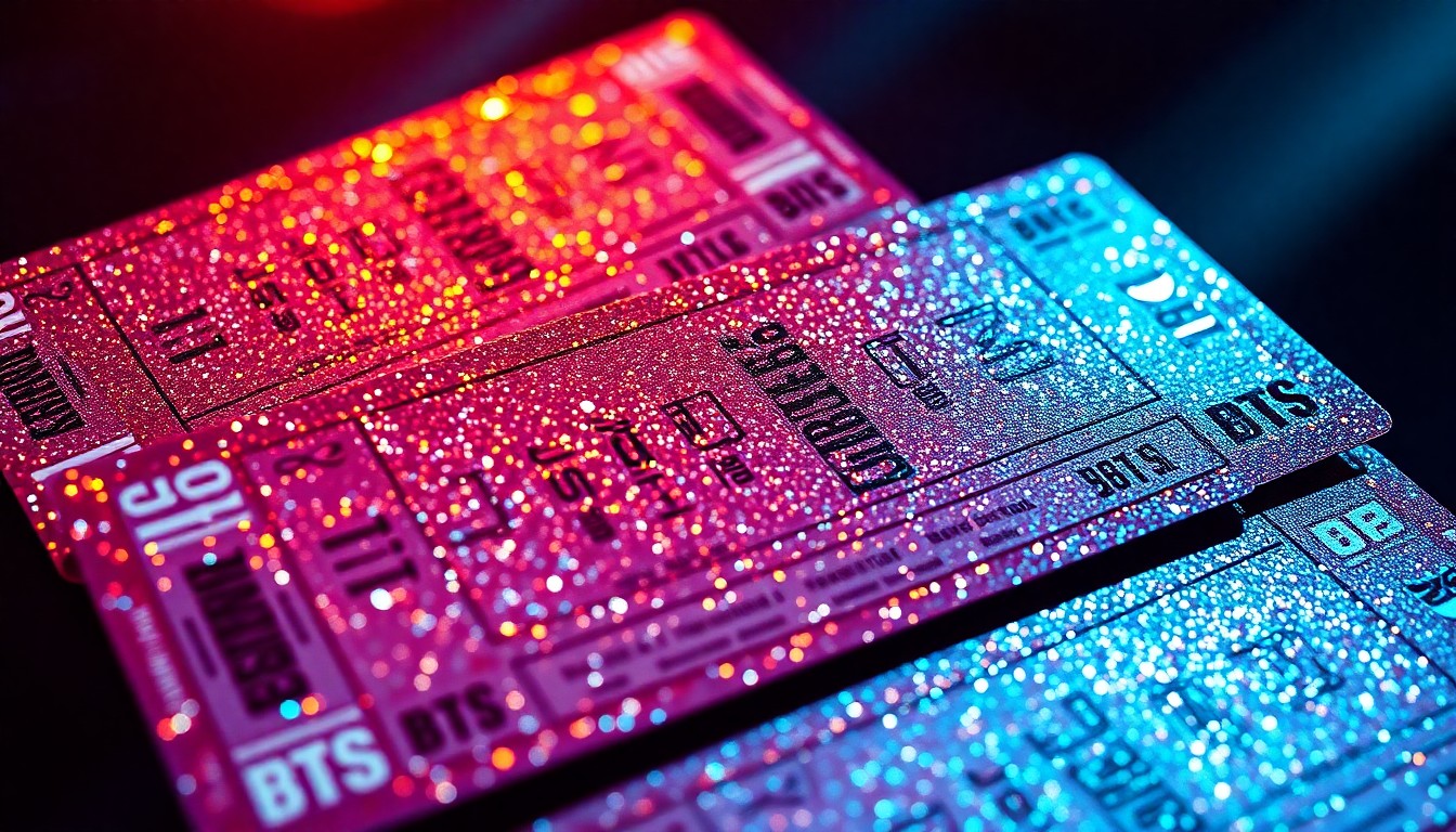 An abstract close-up photograph of glittering, reflective BTS concert tickets under dramatic studio lighting, capturing the luxurious, high-fashion glamour of the K-pop sensation.