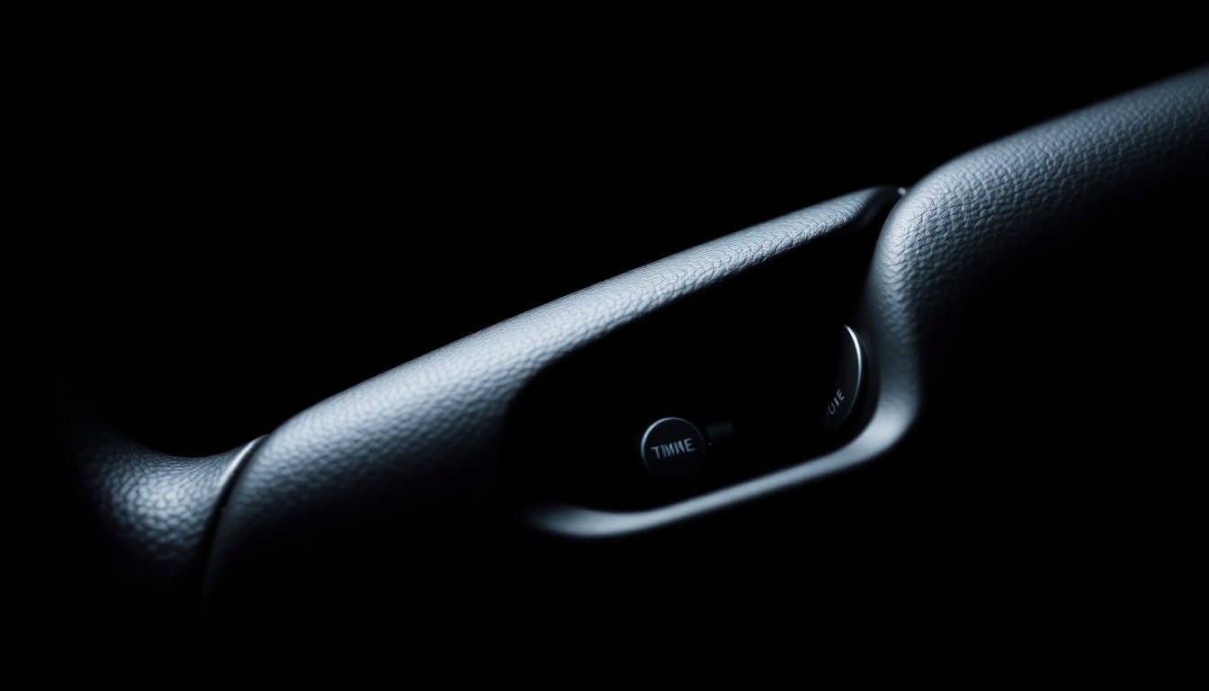 An extreme close-up photograph of a car steering wheel lock mechanism, capturing the metallic texture and mechanical details in stark, dramatic lighting against a pitch-black background.