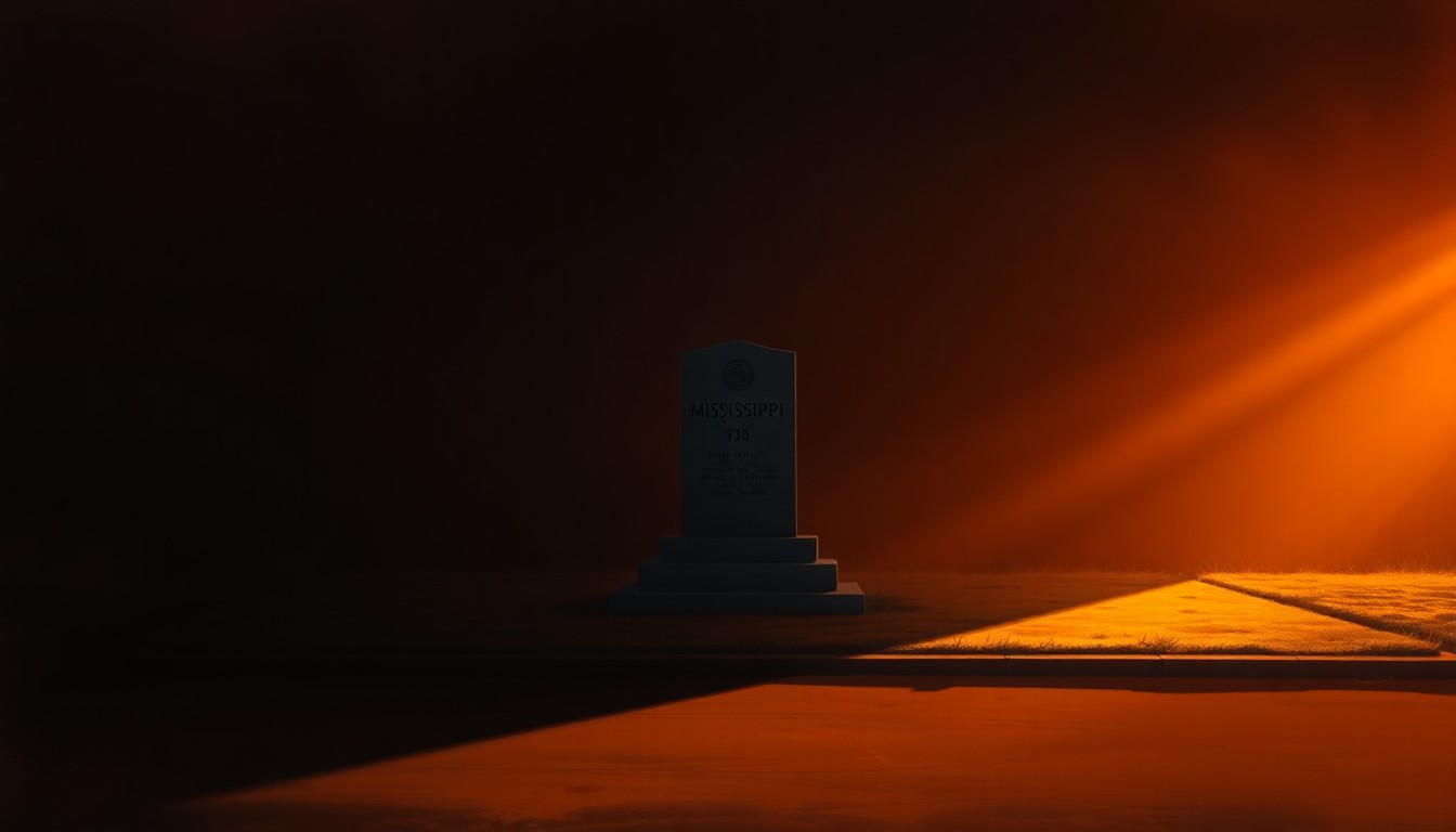 A cinematic painting of a solitary monument or memorial related to Mississippi's history of racial violence, bathed in warm, diagonal sunlight and deep shadows, conveying the weight and gravity of the state's confrontation with its difficult past.