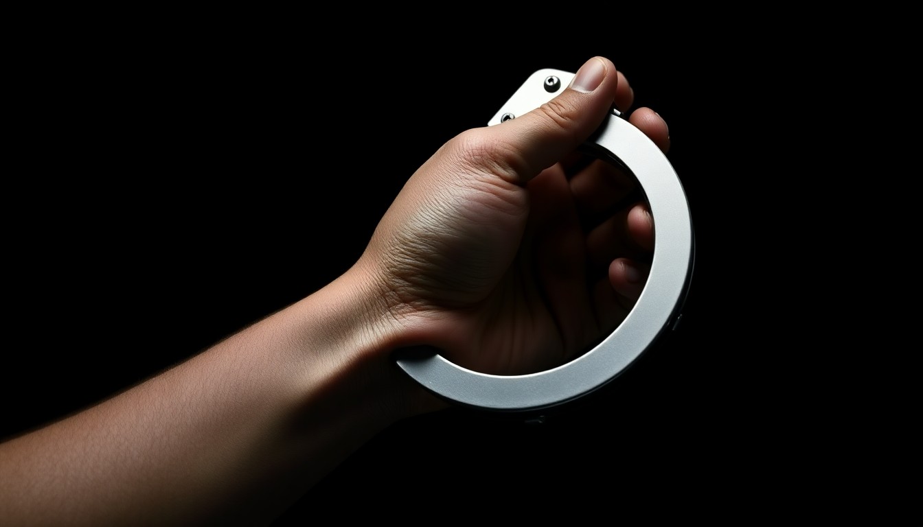 An extreme close-up photograph of a metal handcuff against a pitch-black background, the harsh flash creating dramatic shadows and highlights to convey a sense of urgency and investigation around the apprehension of criminal suspects.
