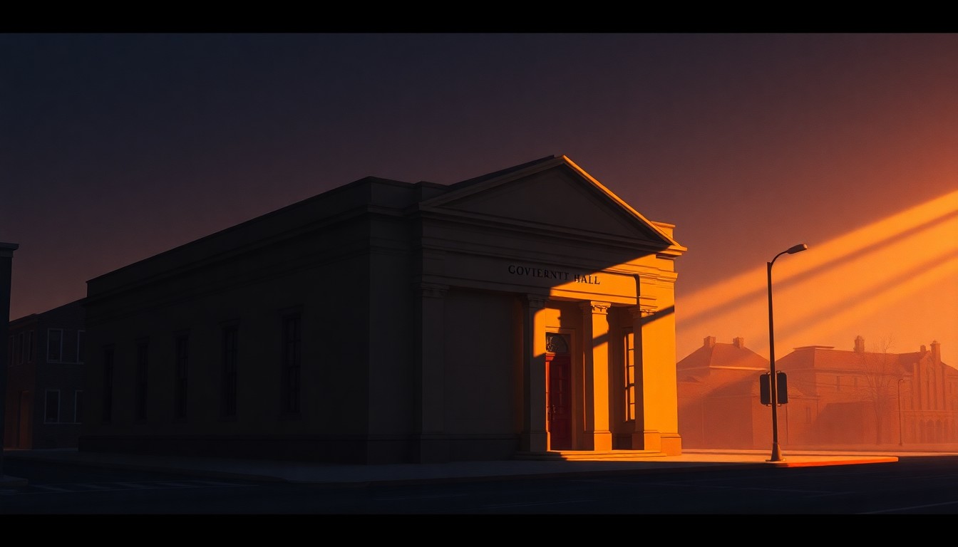 A serene, photorealistic painting of a government building in Denver, with warm sunlight casting long shadows across the facade and surrounding urban landscape, conveying a sense of contemplative civic duty.