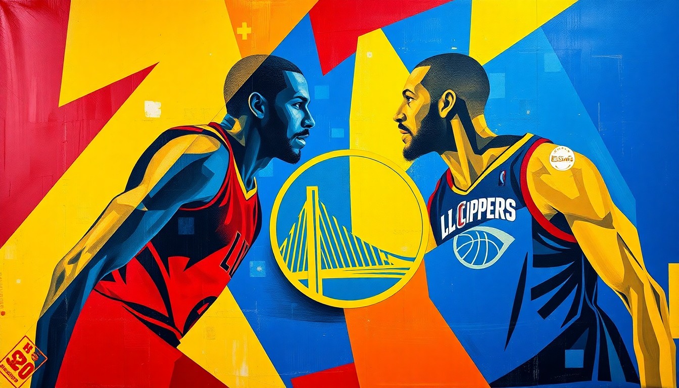 A fragmented, geometric painting depicting the dynamic action of a basketball game, with the players' forms broken down into sharp, overlapping planes of color.