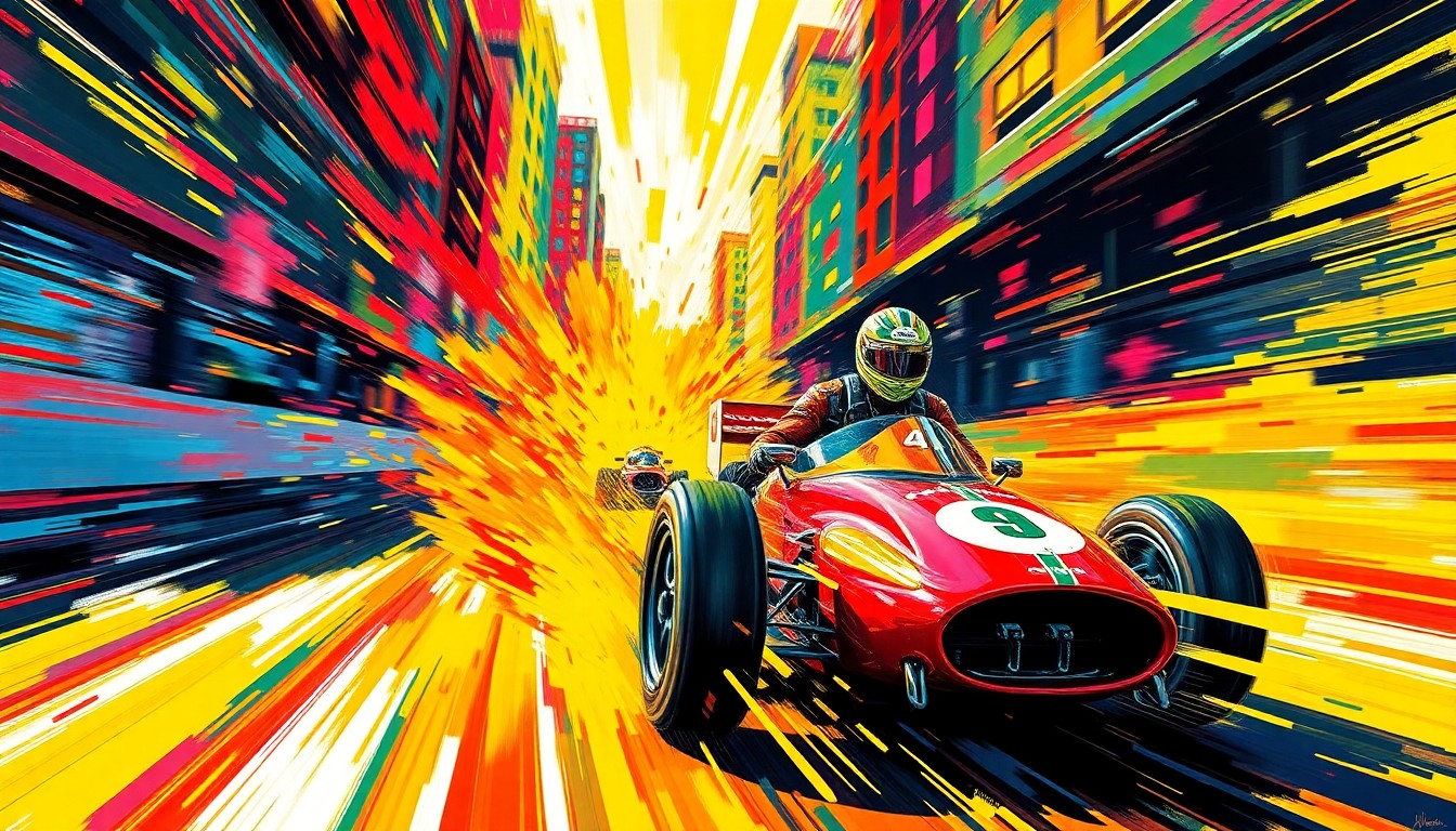 An abstract, energetic painting featuring a race car driver navigating a tight street circuit, with bold, neon-colored brushstrokes conveying the intense motion and emotion of the moment.