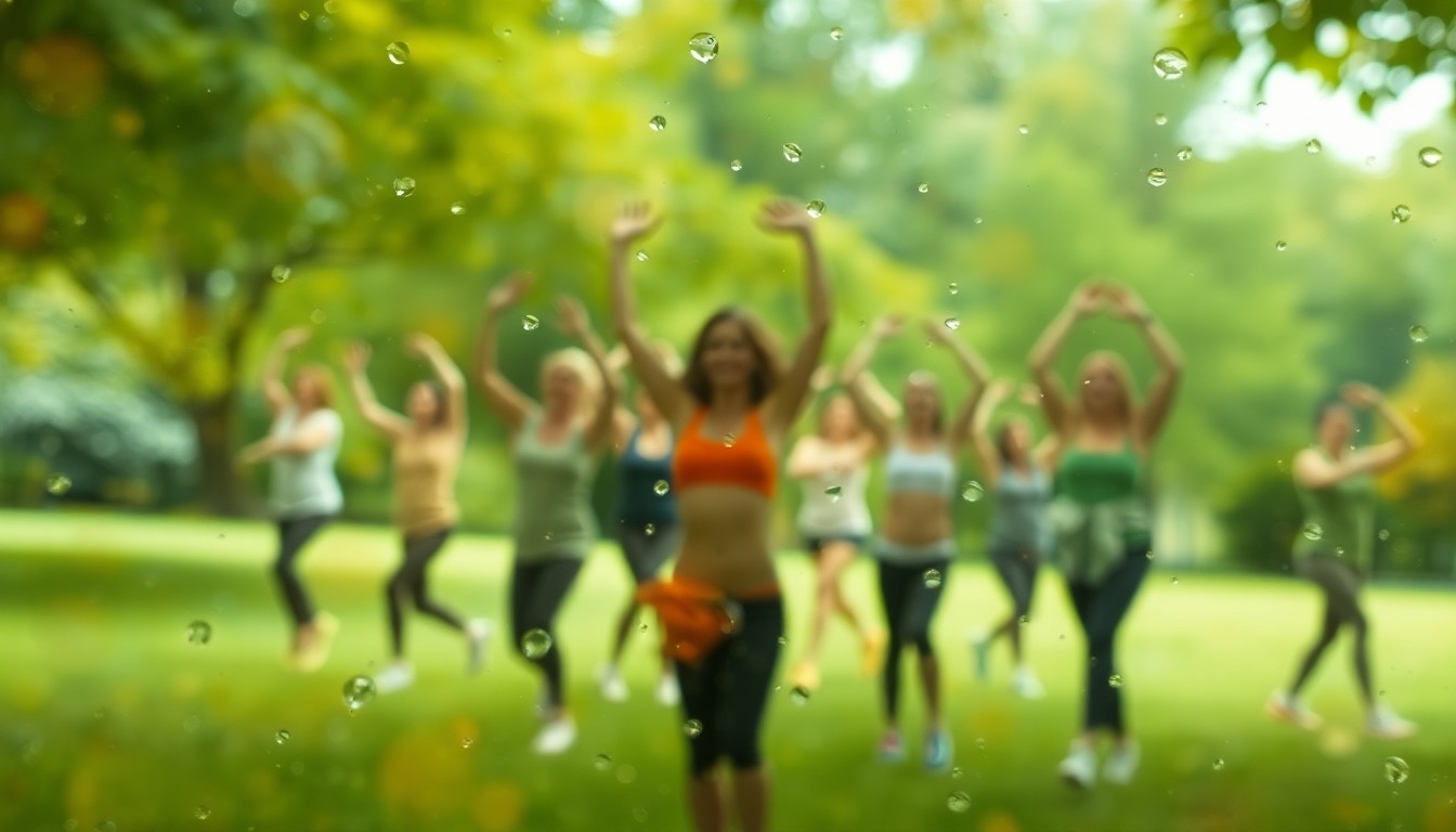 An extremely abstracted, out-of-focus photograph depicting blurred silhouettes of people exercising together in a lush, green park, with soft pools of warm color and light creating a serene, uplifting mood.