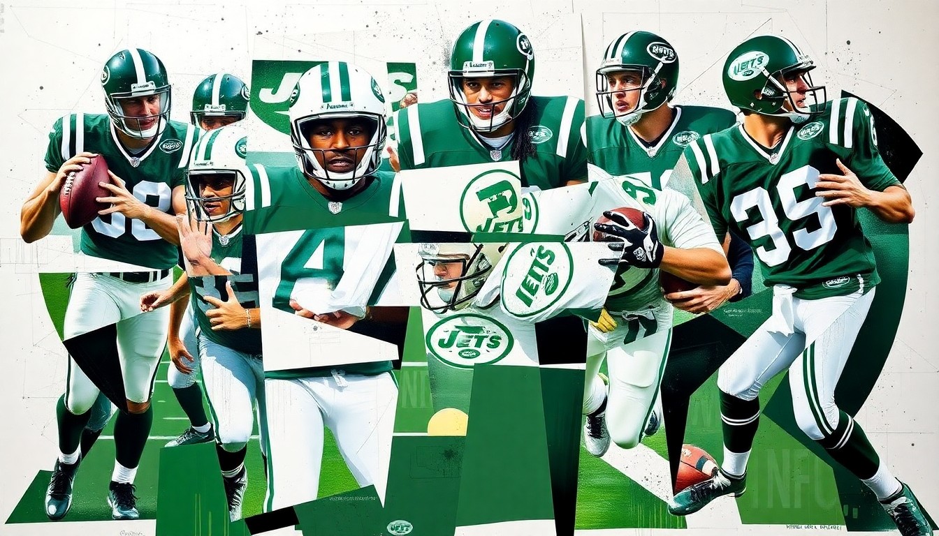 A fragmented, geometric painting depicting various New York Jets players and moments, rendered in the cubist style with bold green and white colors.