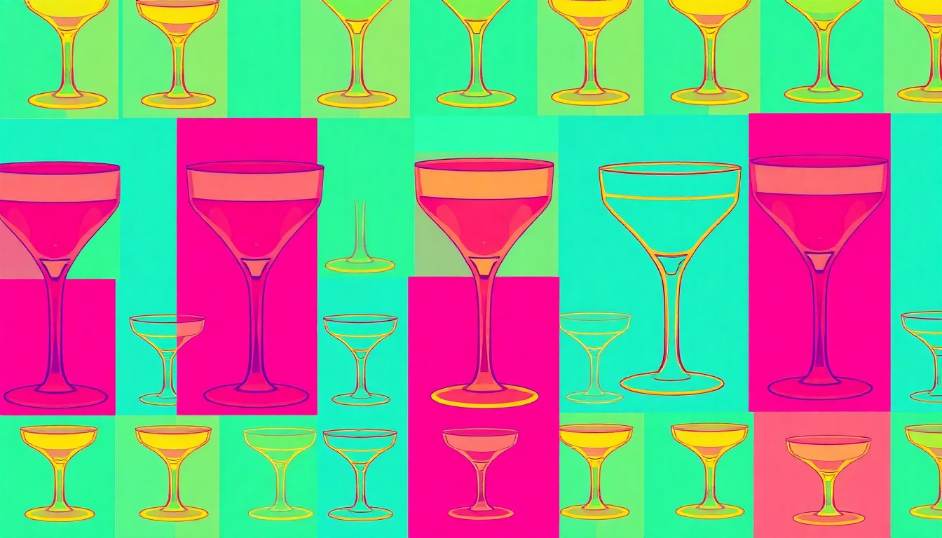 A bold, abstract silkscreen print featuring a repeated pattern of a single, iconic hotel bar object like a cocktail glass or bar stool, rendered in a vibrant, neon color palette with heavy black outlines, capturing the modern, playful spirit of hotel bar design.