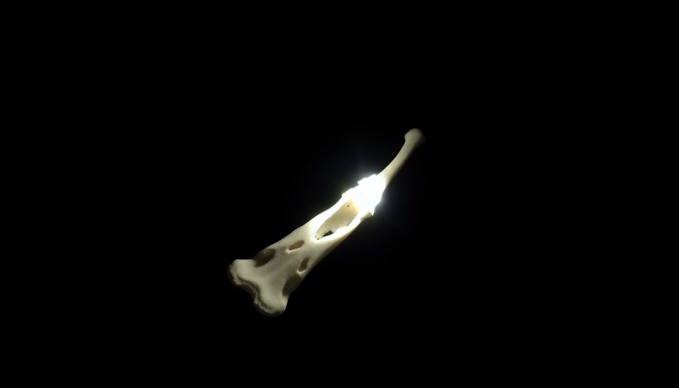 An extreme close-up photograph of a small, unidentifiable bone fragment or personal item, lit by a harsh, direct camera flash against a pitch-black background, conveying a sense of mystery and the need for a thorough investigation.